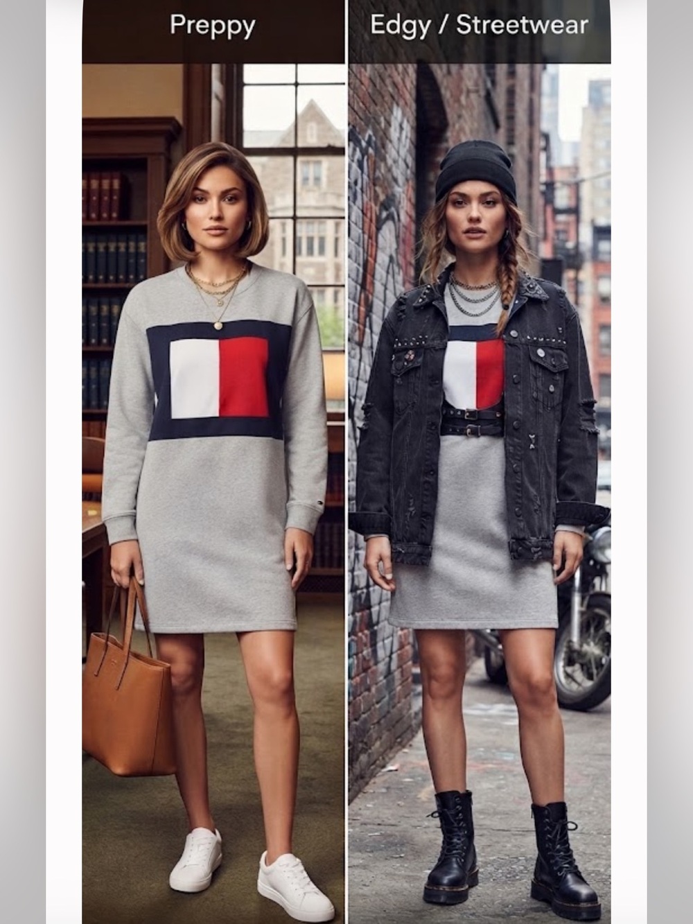 Tommy Hilfiger Long Sleeve Sweatshirt Mini Dress  Flag Logo M Preppy Grey